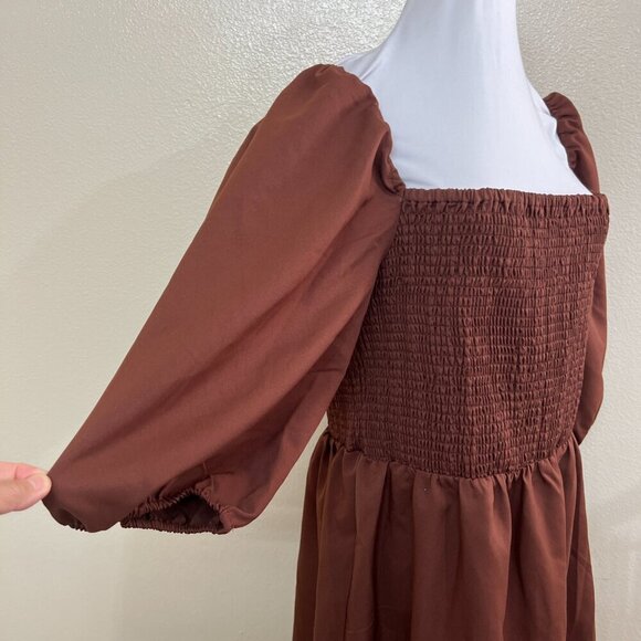 Bar III Womens Smocked Off The Shoulder Dress Puff Sleeves XL Brown - Picture 6 of 10